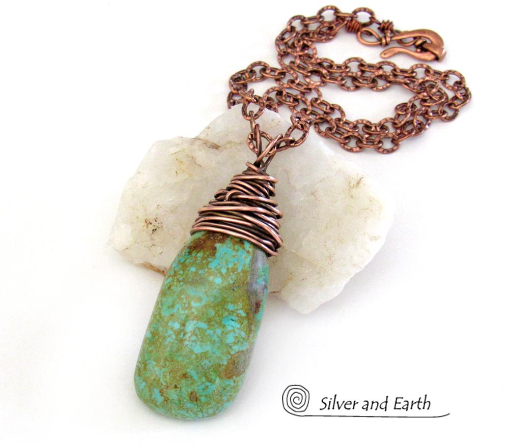 Kingman Turquoise Pendant with Textured Copper Chain - American Turquoise Jewelry