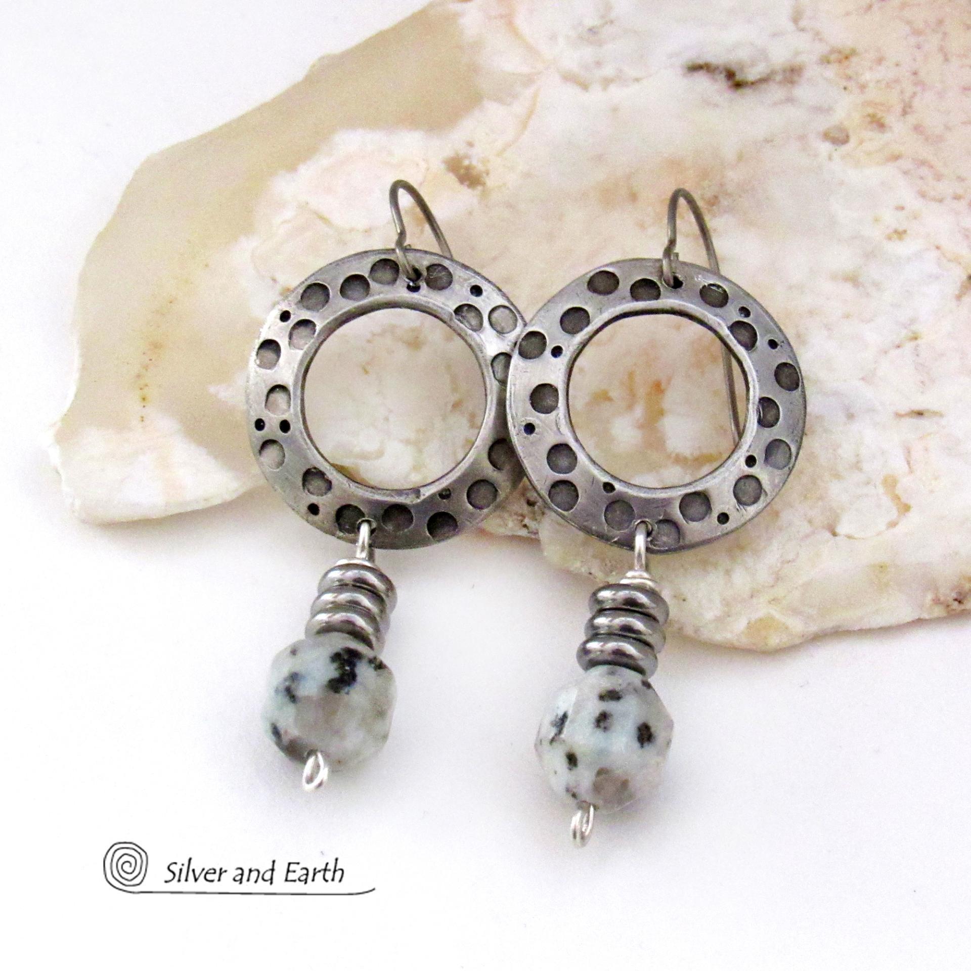 Silver Pewter Hand Stamped Hoop Earrings with Kiwi Jasper Stones - Modern Earthy Natural Stone Bohemian Style Jewelry