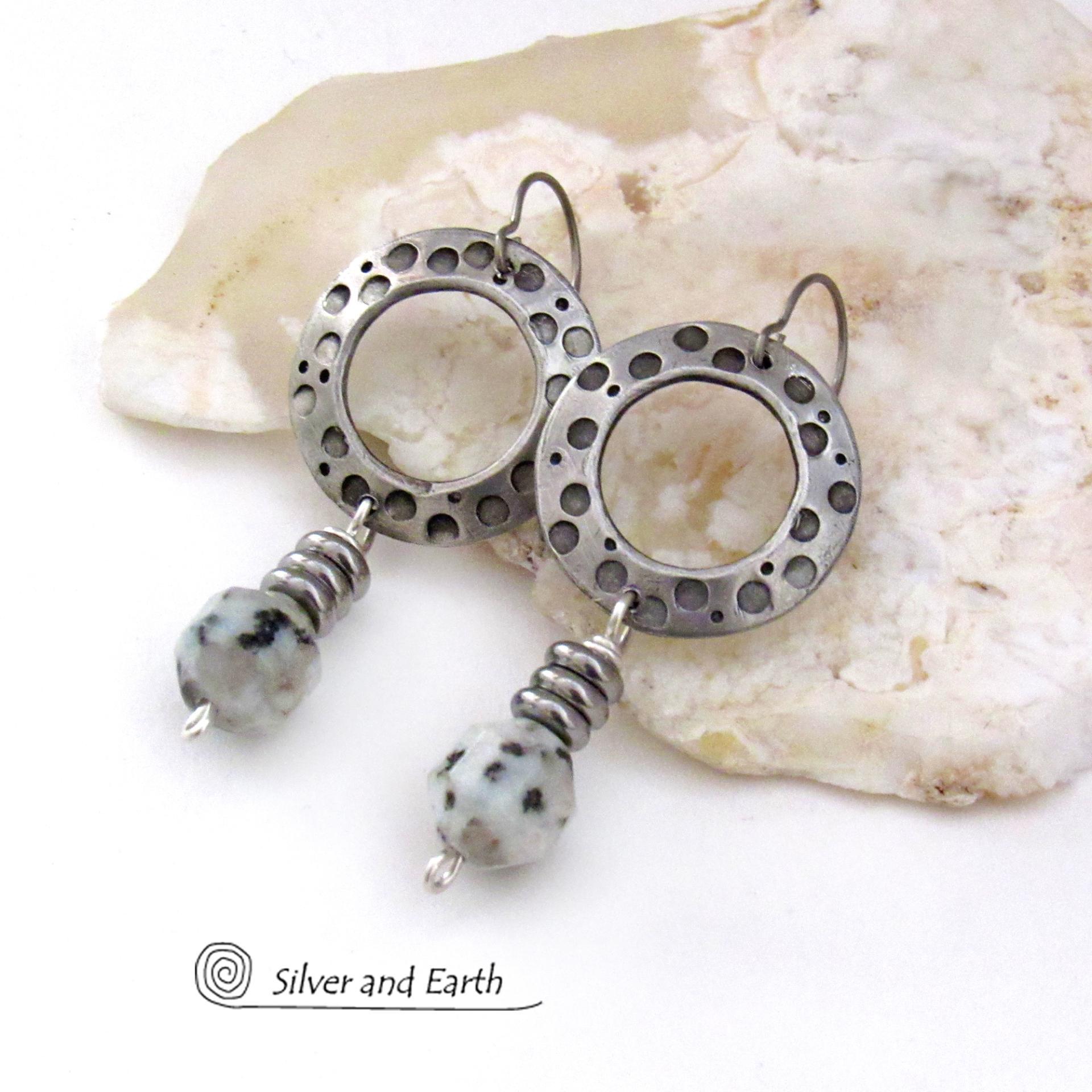 Silver Pewter Hand Stamped Hoop Earrings with Kiwi Jasper Stones - Modern Earthy Natural Stone Jewelry