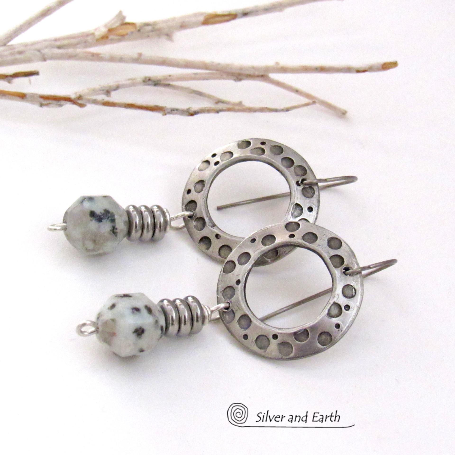 Silver Pewter Hand Stamped Hoop Earrings with Kiwi Jasper Stones - Modern Earthy Natural Stone Bohemian Style Jewelry