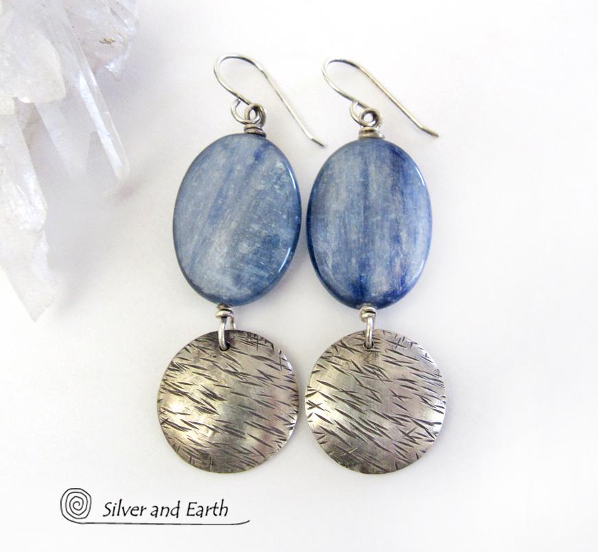 Blue Kyanite Earrings with Sterling Silver Dangles - Natural Gemstone Jewelry