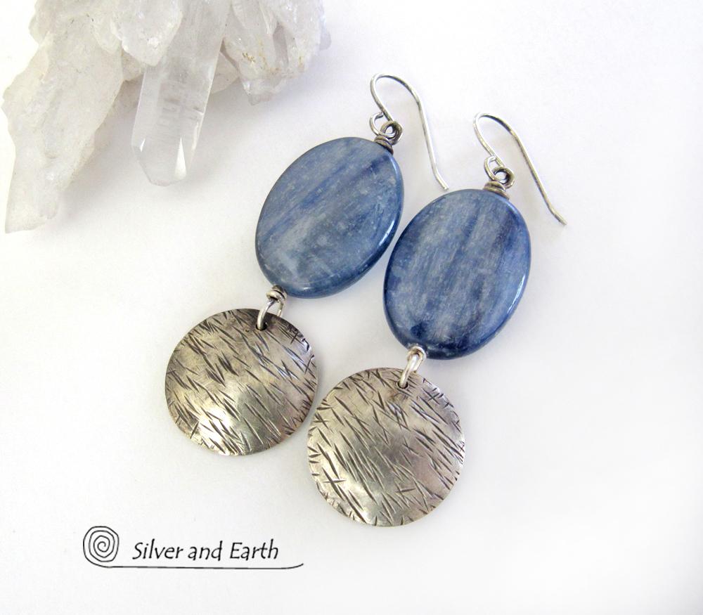 Blue Kyanite Earrings with Sterling Silver Dangles - Natural Gemstone Jewelry