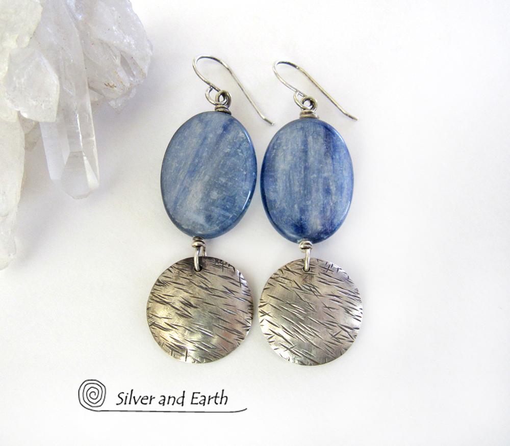 Blue Kyanite Earrings with Sterling Silver Dangles - Natural Gemstone Jewelry