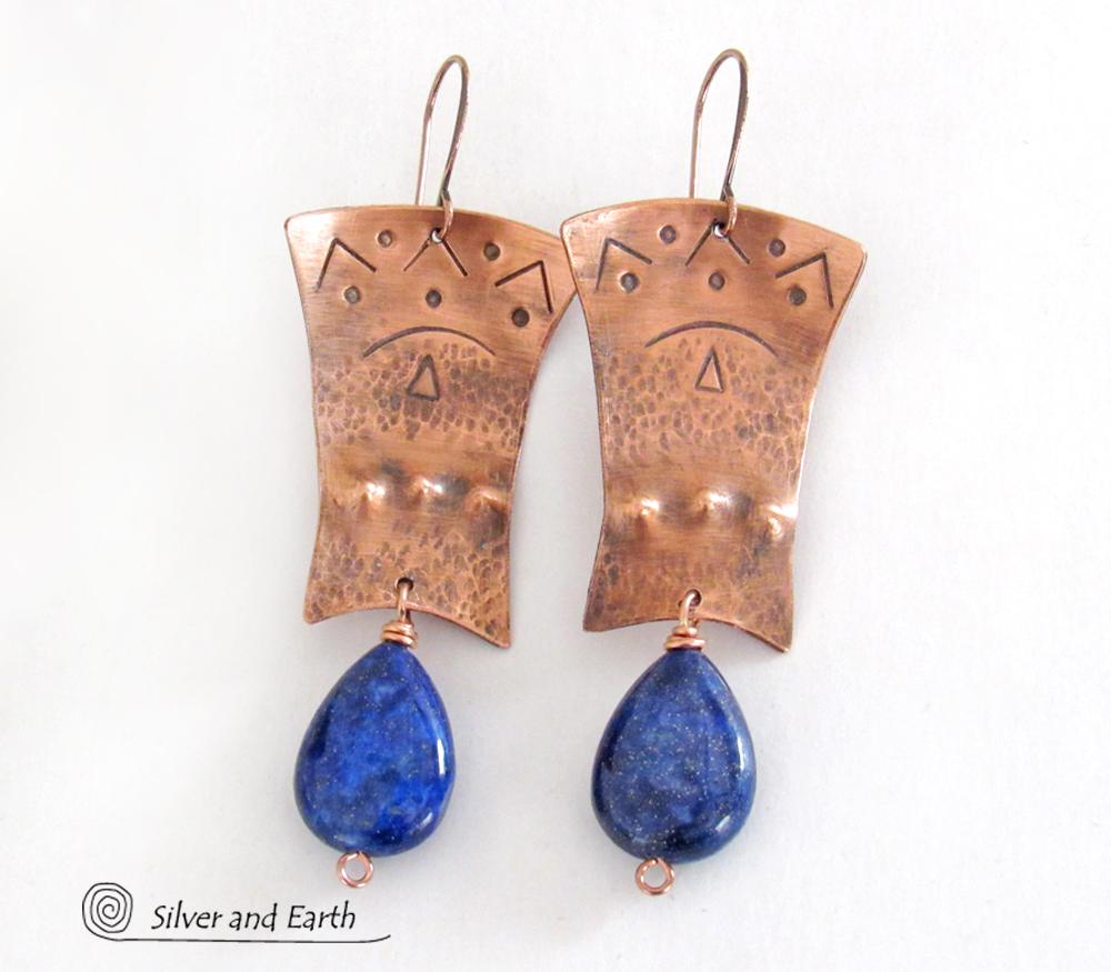 Copper Egyptian Earrings with Lapis Lazuli Gemstones - Bold Exotic Jewelry