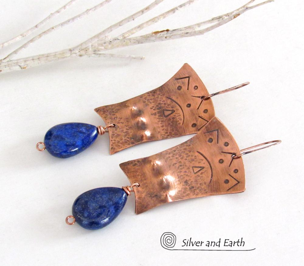 Copper Egyptian Earrings with Lapis Lazuli Gemstones - Bold Exotic Jewelry