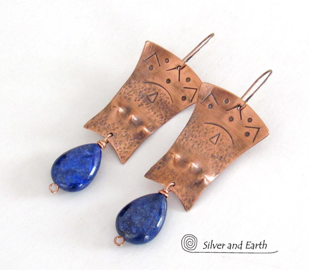 Copper Egyptian Earrings with Lapis Lazuli Gemstones - Bold Exotic Jewelry