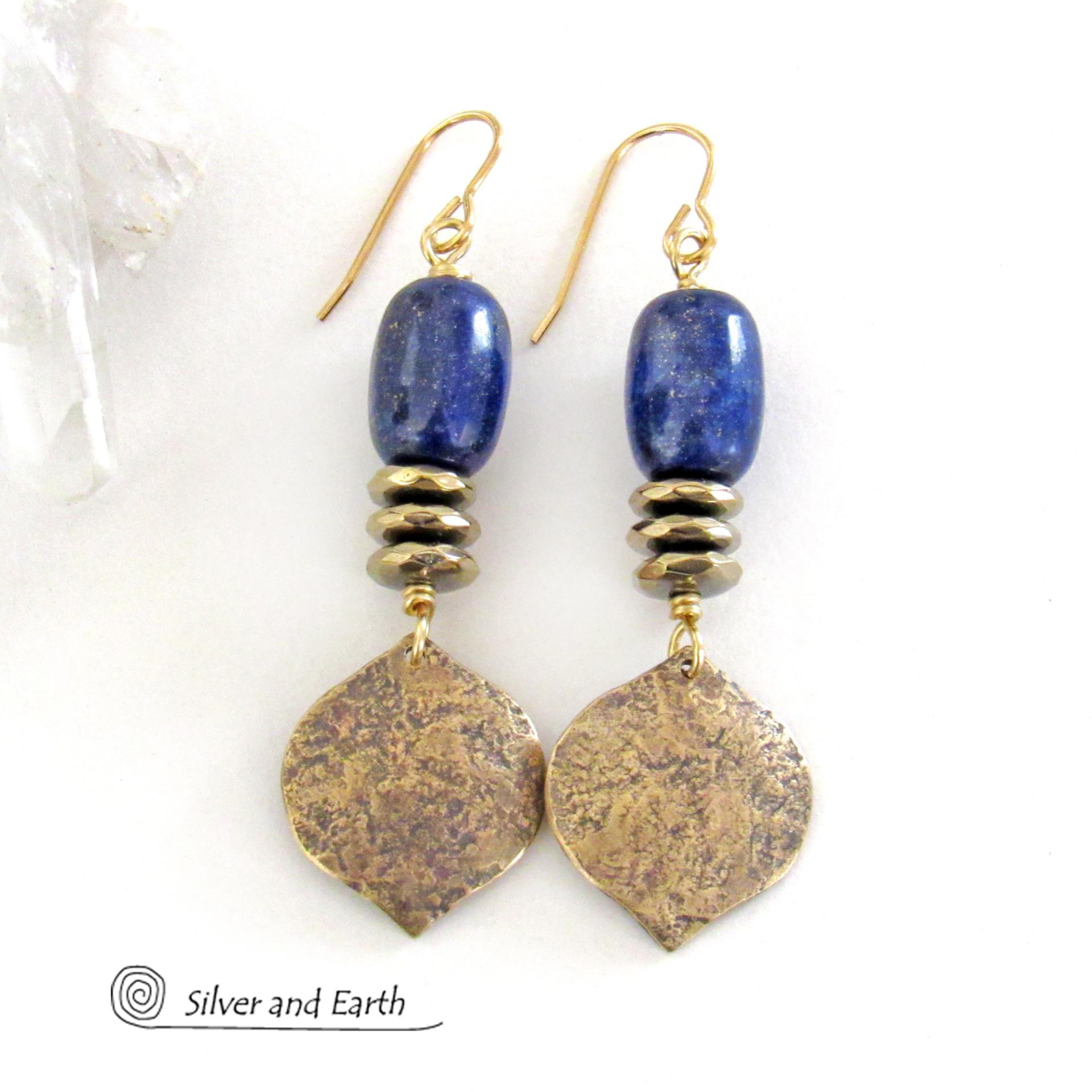 Blue Lapis Gemstone Earrings with Gold Brass Dangles - Handcrafted Modern Chic Elegant Lapis Lazuli Jewelry