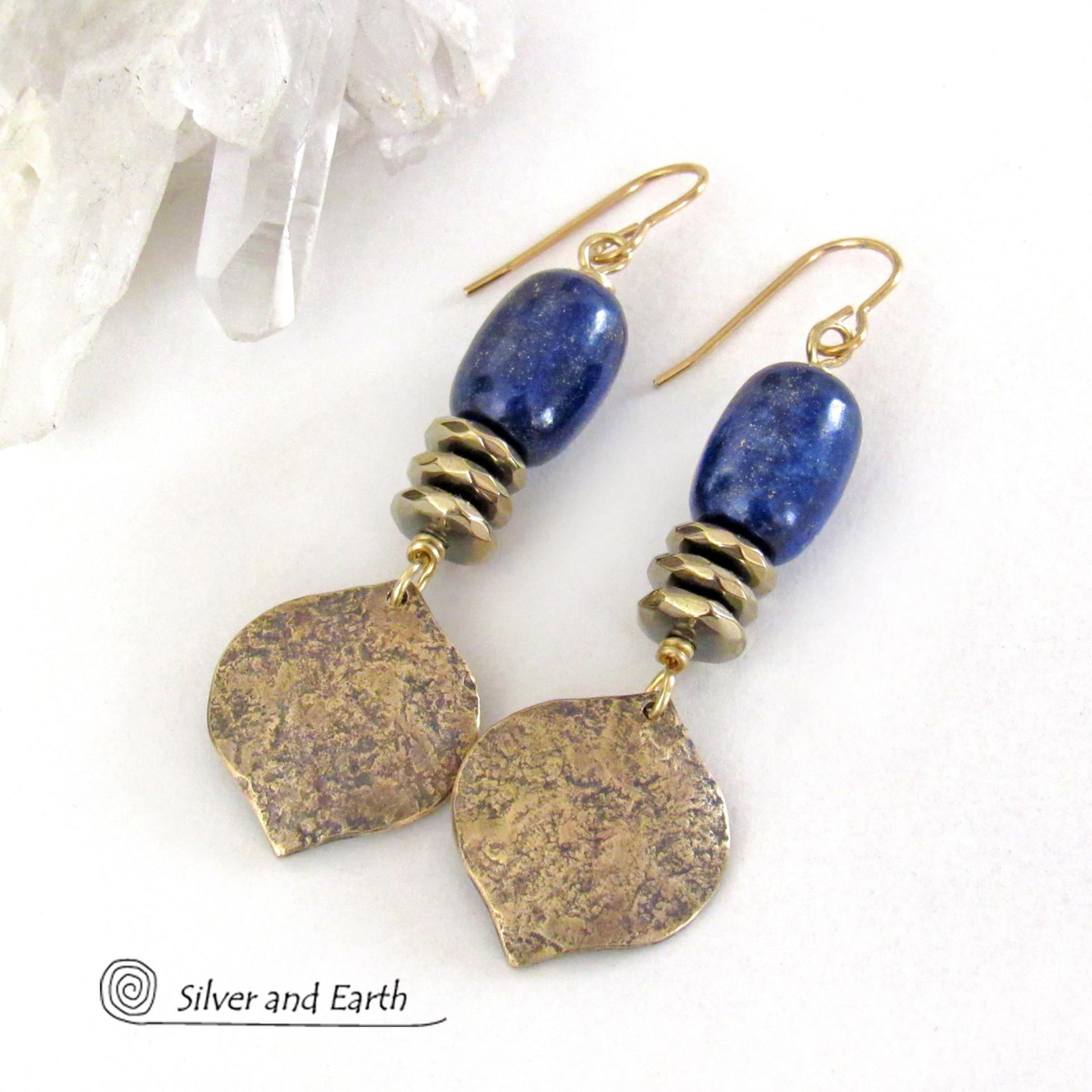 Blue Lapis Gemstone Earrings with Gold Brass Dangles - Handcrafted Modern Chic Elegant Lapis Lazuli Jewelry