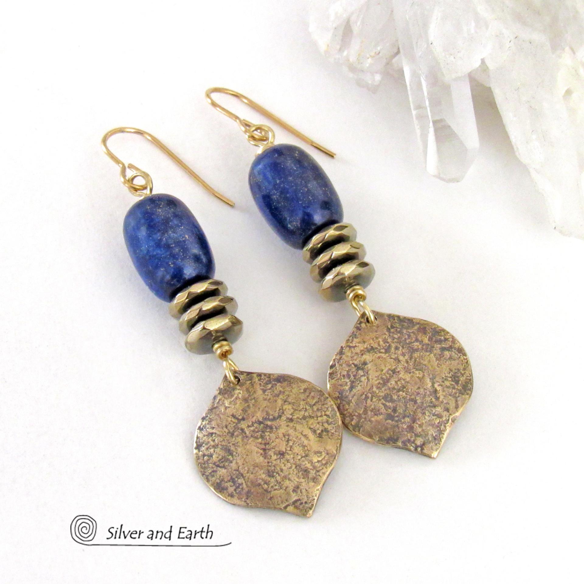 Blue Lapis Gemstone Earrings with Gold Brass Dangles - Handcrafted Modern Chic Elegant Lapis Lazuli Jewelry