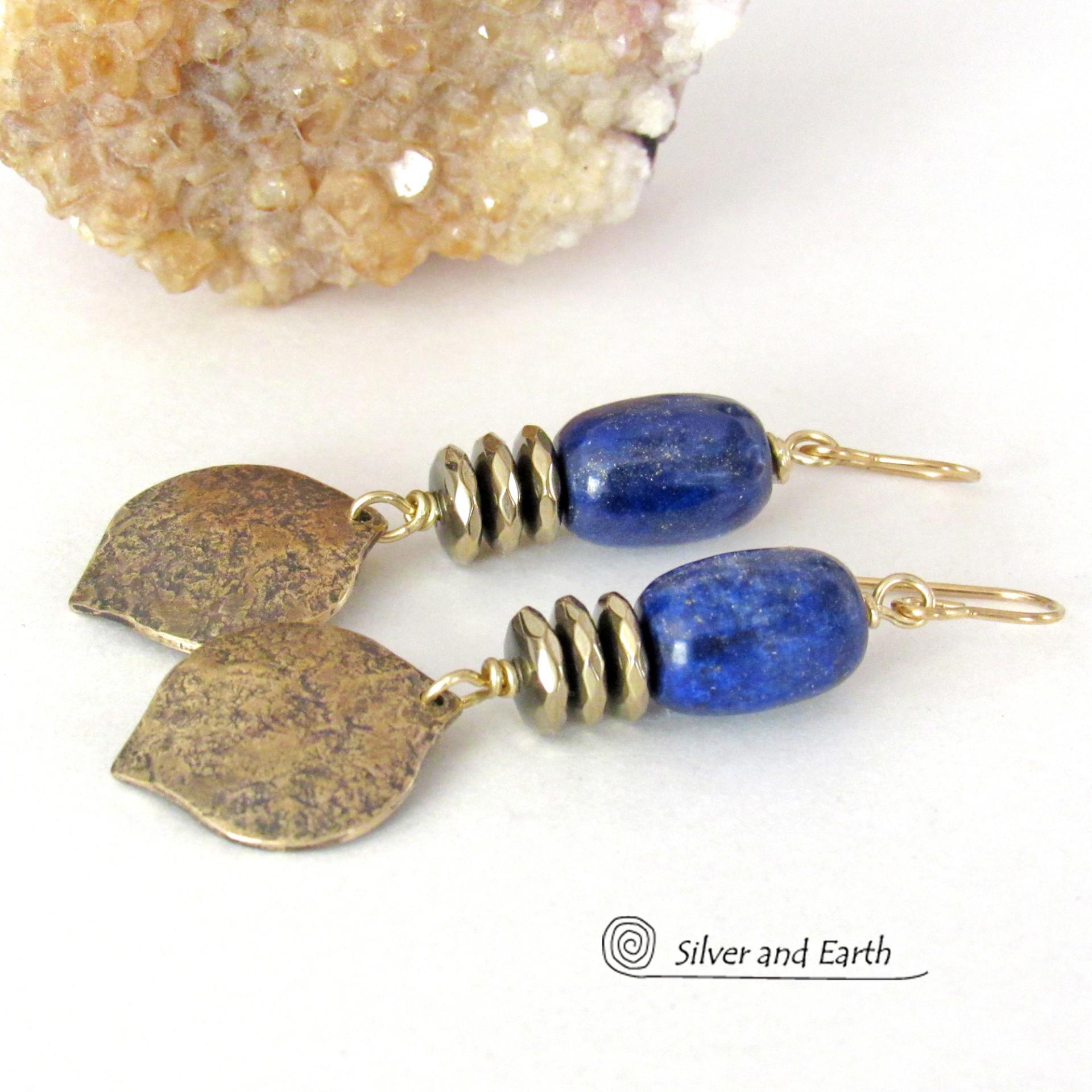 Blue Lapis Gemstone Earrings with Gold Brass Dangles - Handcrafted Modern Chic Elegant Lapis Lazuli Jewelry