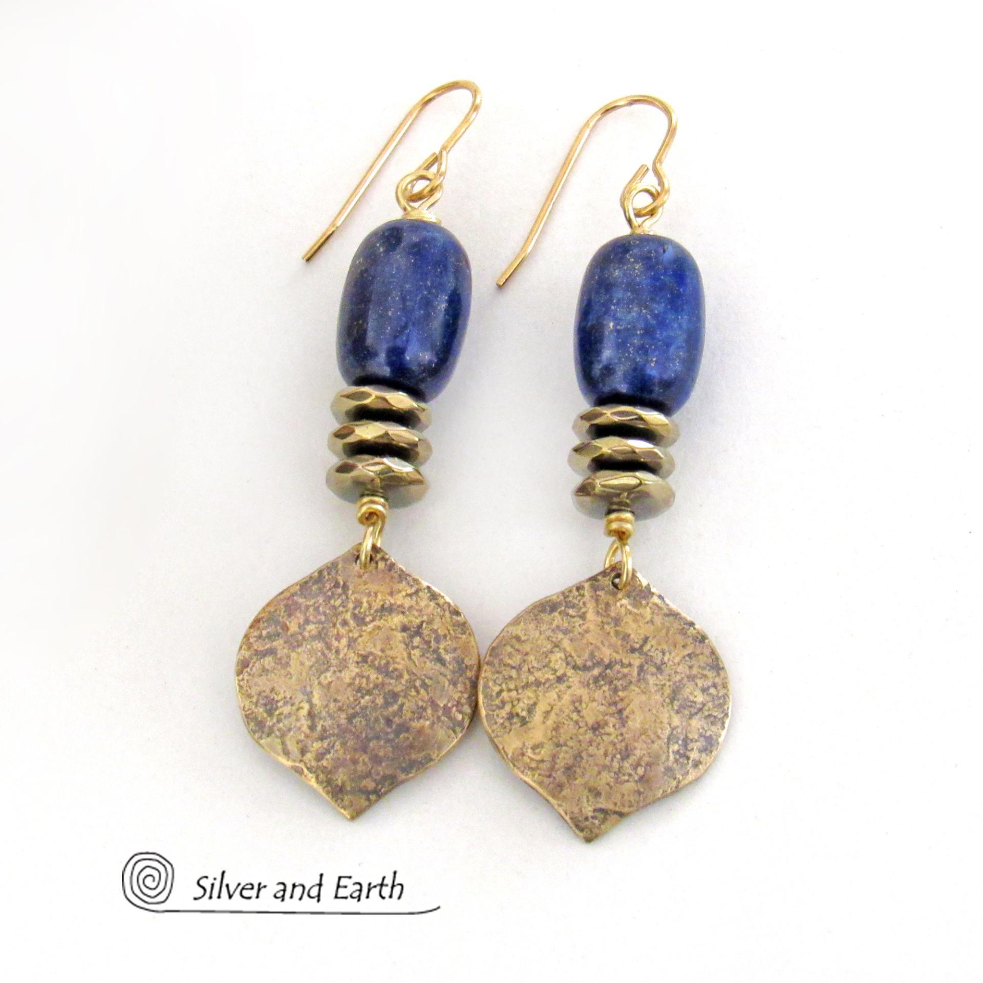 Blue Lapis Gemstone Earrings with Gold Brass Dangles - Handcrafted Modern Chic Elegant Lapis Lazuli Jewelry