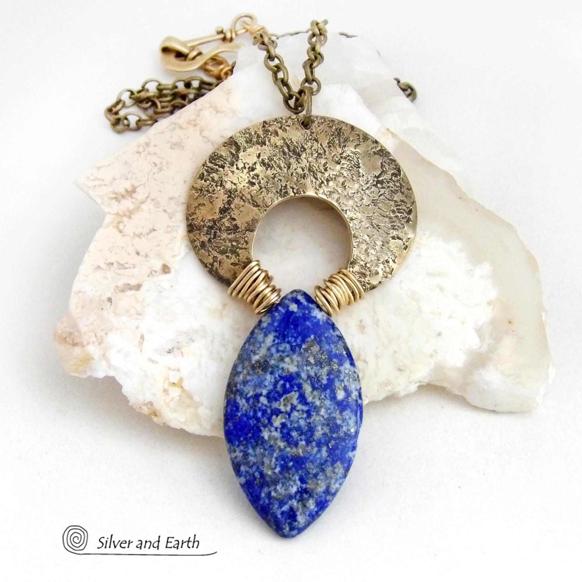 Blue Lapis Lazuli Gold Brass Pendant Necklace - Bold Chic Natural Gemstone Jewelry