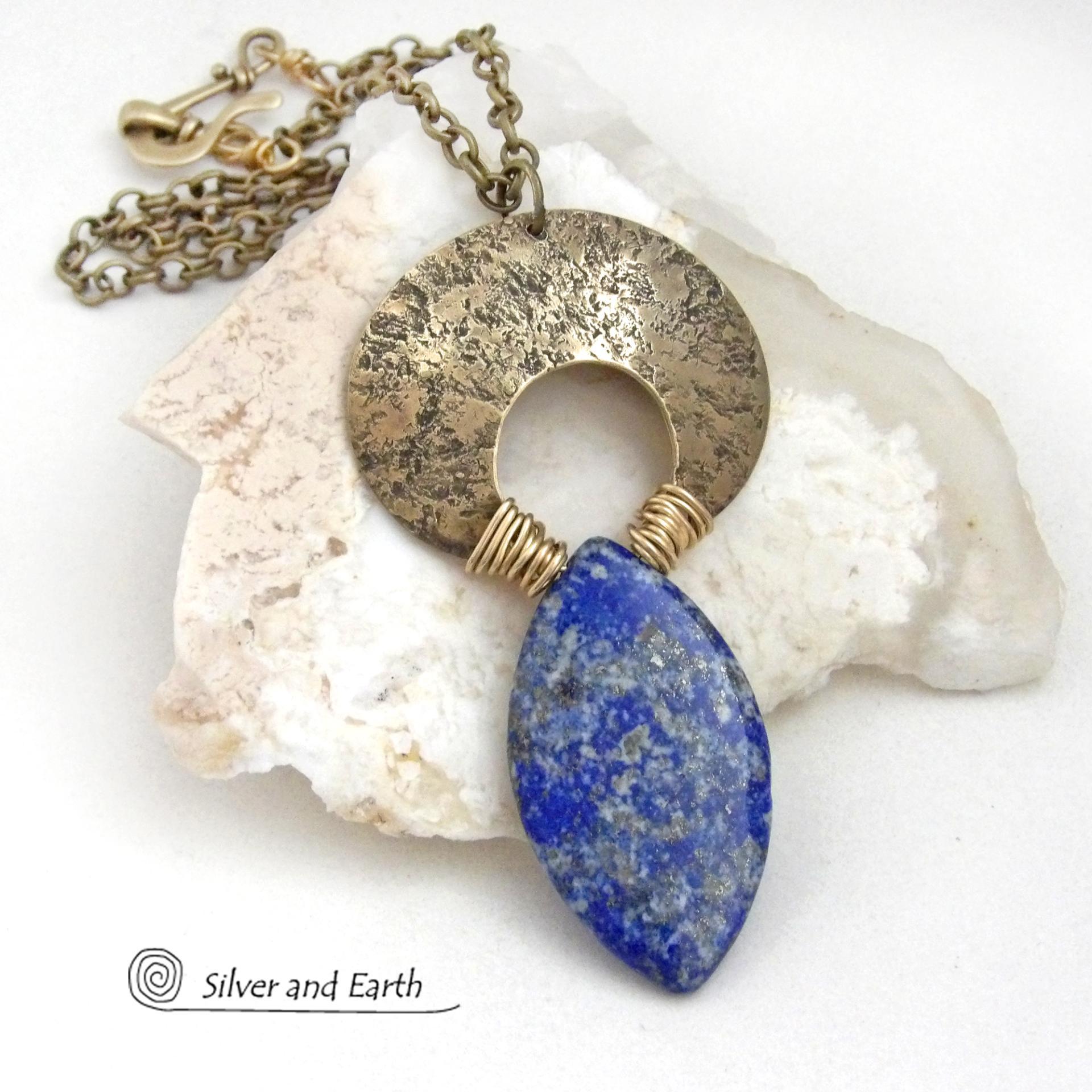 Blue Lapis Lazuli Gold Brass Pendant Necklace - Bold Chic Natural Gemstone Jewelry