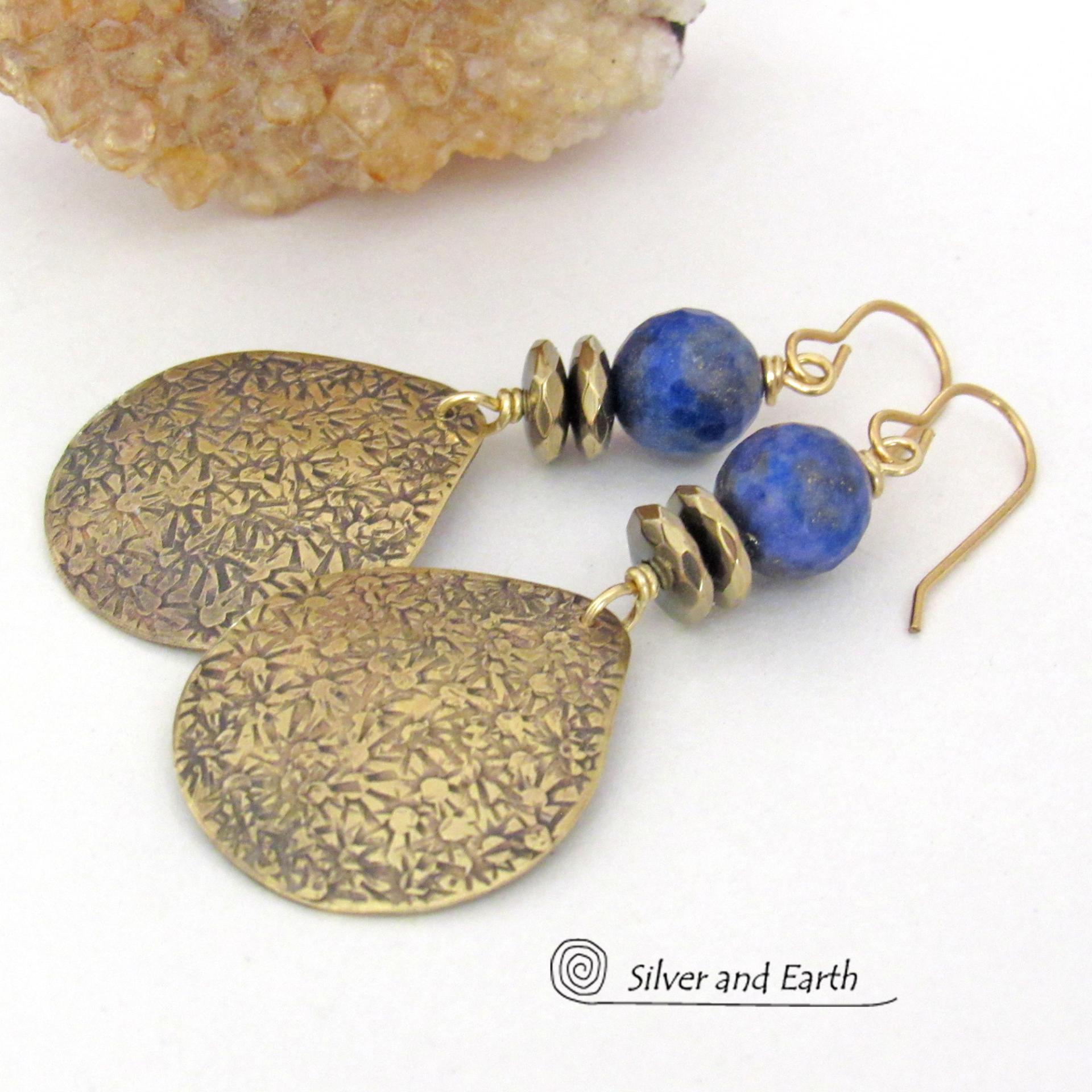 Blue Lapis Gemstone Gold Brass Earrings - Artisan Handcrafted Elegant Modern Chic Jewelry - 9th or 21st Anniversary Gift for Wife