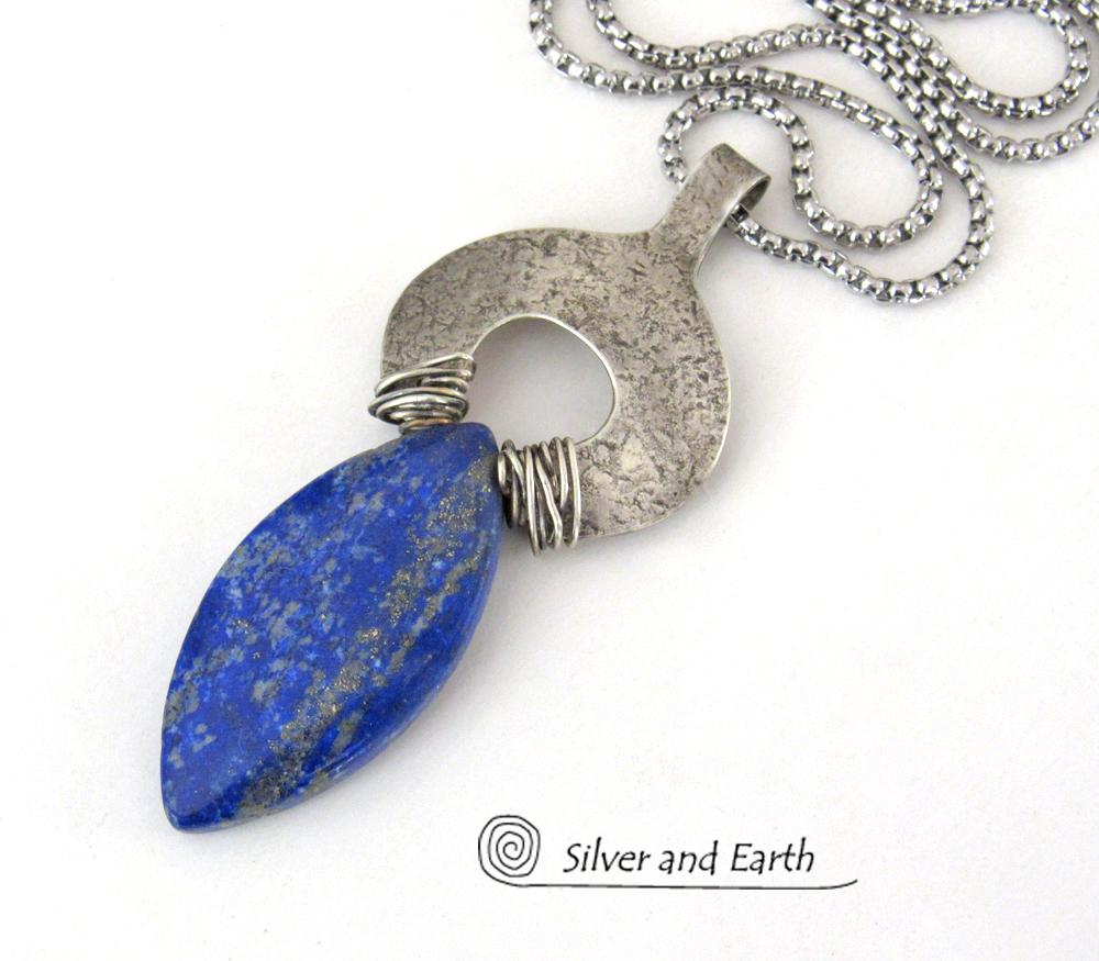 Sterling Silver Pendant Necklace with Natural Blue Lapis Lazuli Gemstone 