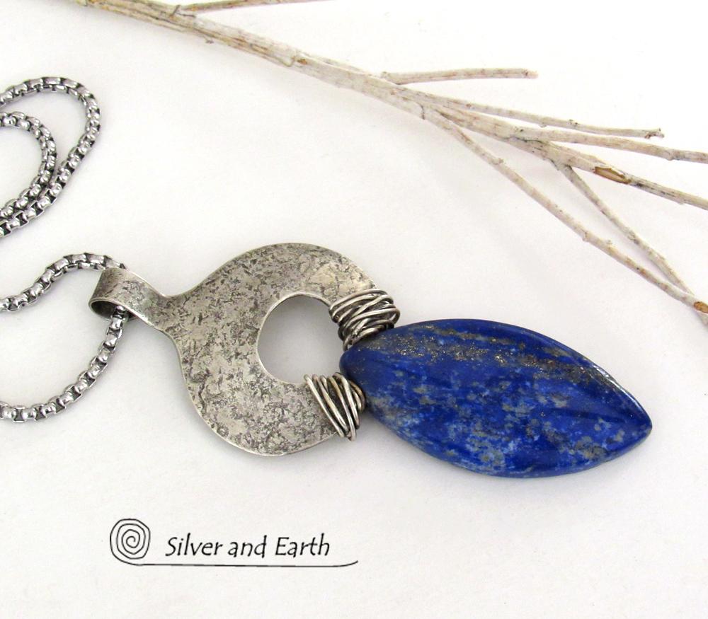 Sterling Silver Pendant Necklace with Natural Blue Lapis Lazuli Gemstone 