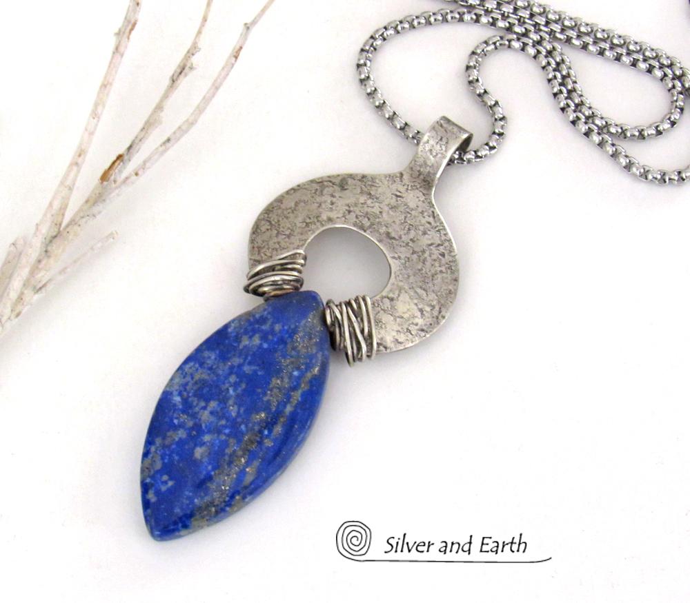 Sterling Silver Pendant Necklace with Natural Blue Lapis Lazuli Gemstone 