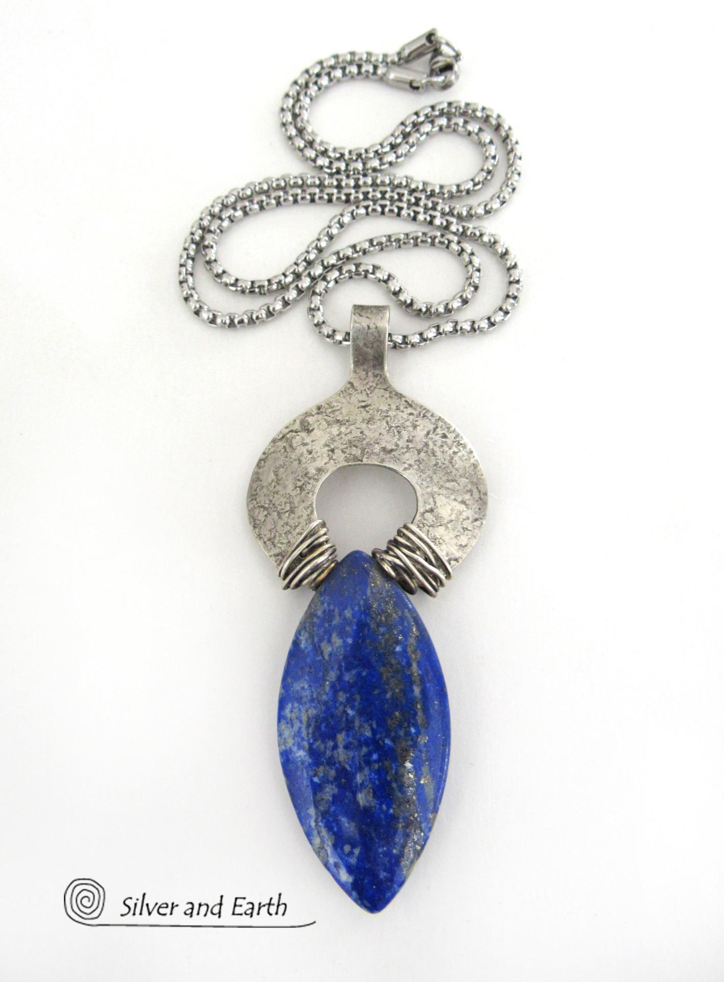 Sterling Silver Pendant Necklace with Natural Blue Lapis Lazuli Gemstone 