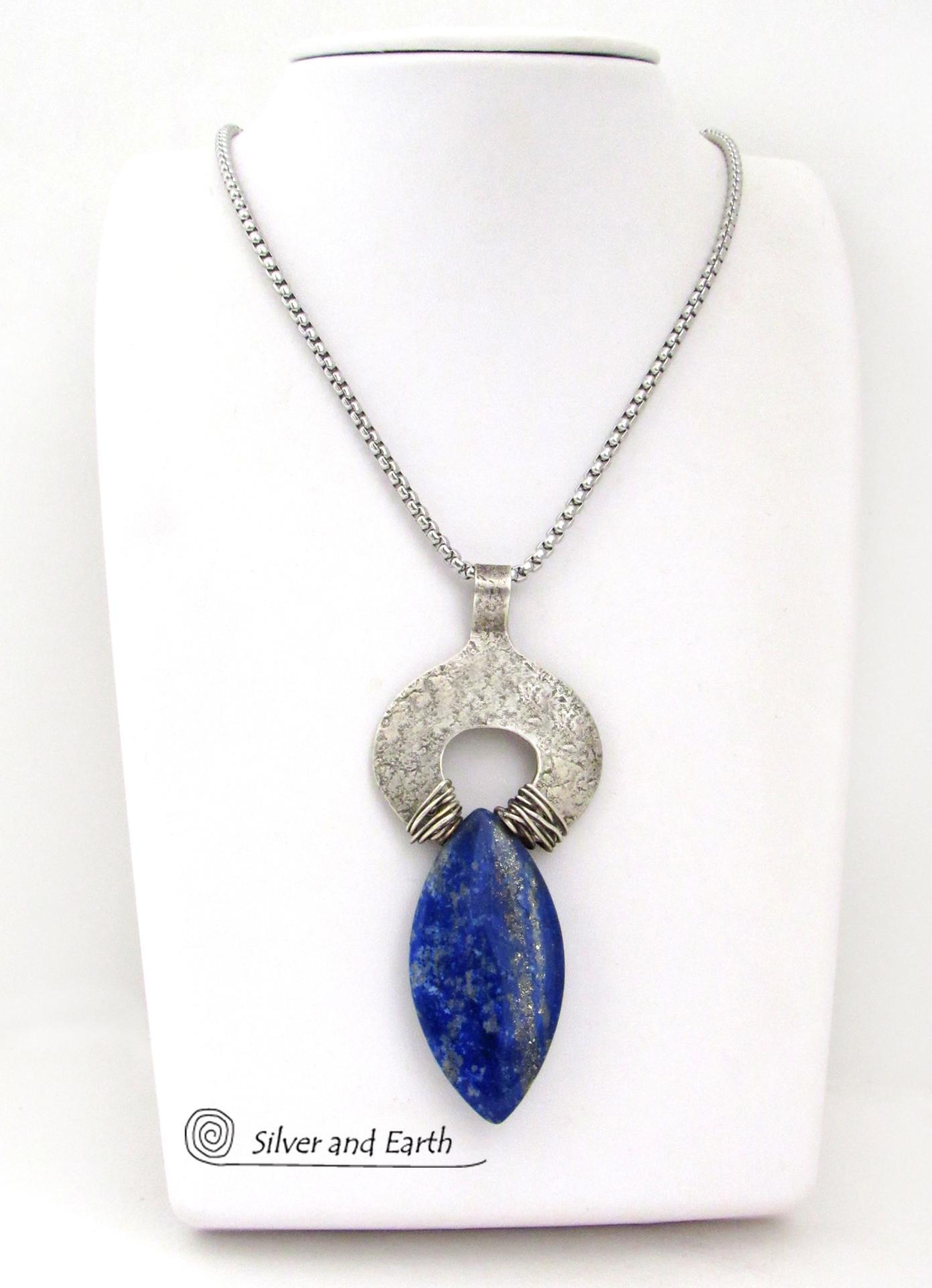 Sterling Silver Pendant Necklace with Natural Blue Lapis Lazuli Gemstone 