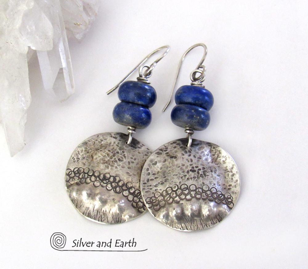 Sterling Silver Dangle Earrings with Blue Lapis Gemstones - Bold Modern Unique Artisan Handcrafted Jewelry