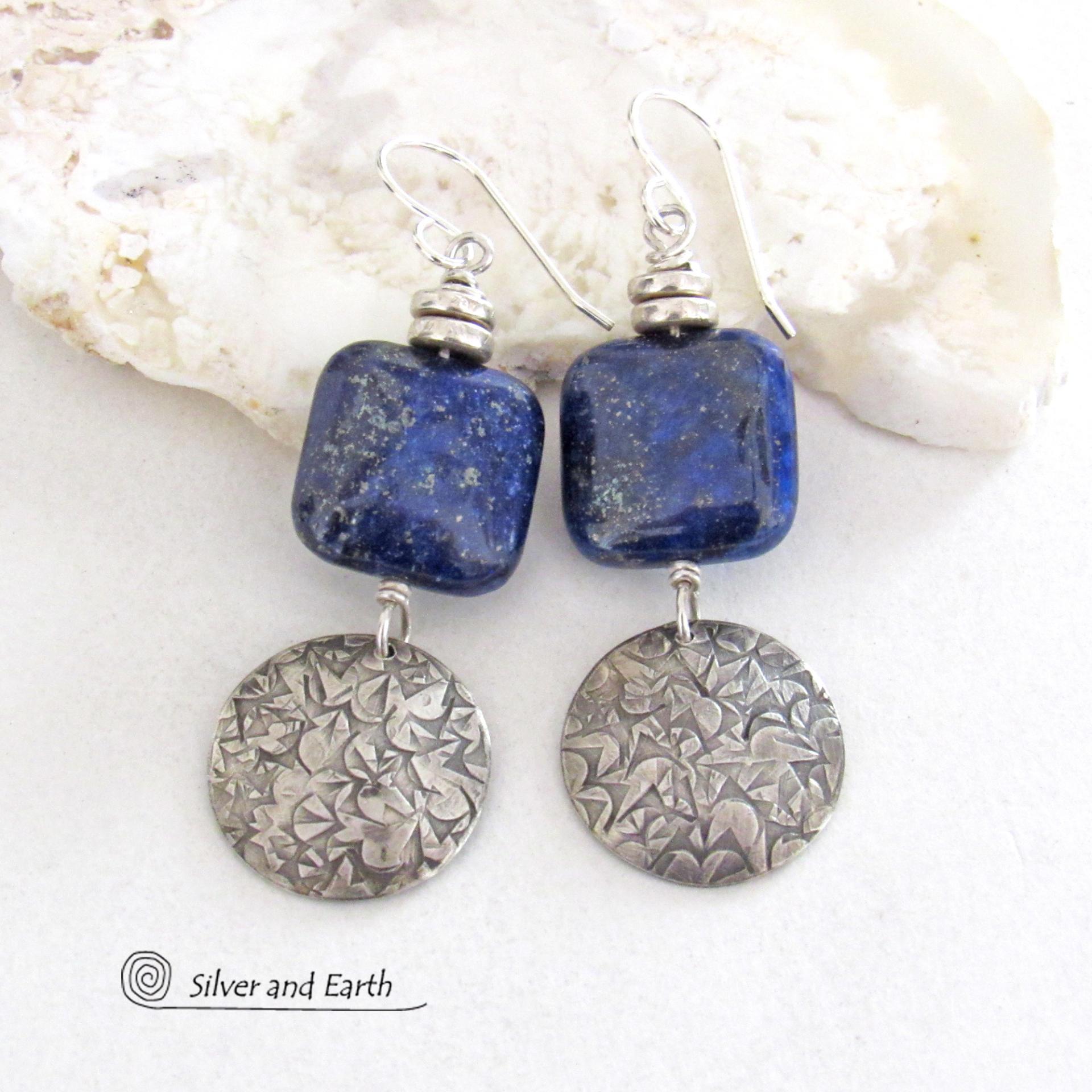 Sterling Silver and Blue Lapis Gemstone Earrings - Genuine Lapis Lazuli Sterling Silver Jewelry