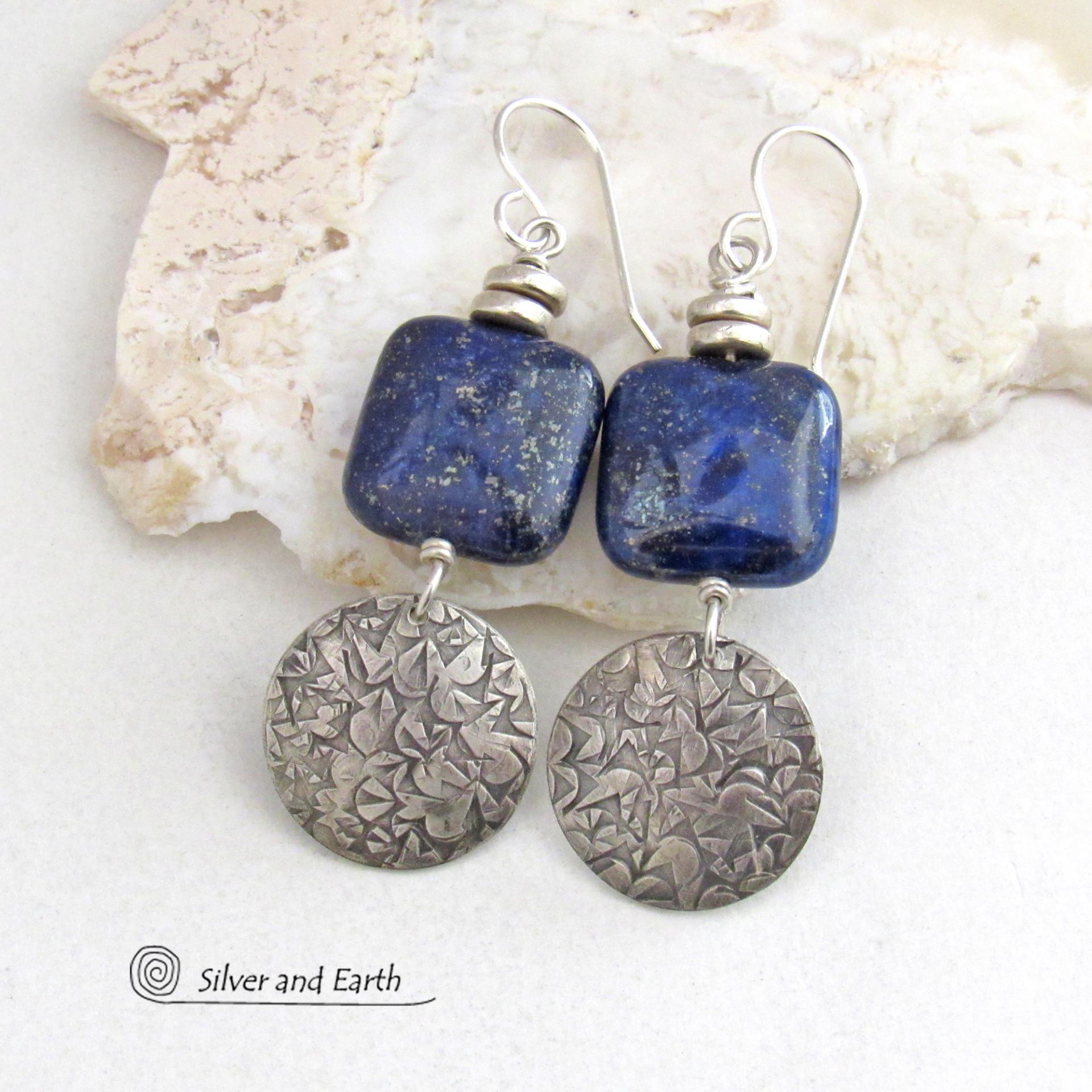 Sterling Silver and Blue Lapis Gemstone Earrings - Genuine Lapis Lazuli Sterling Silver Jewelry