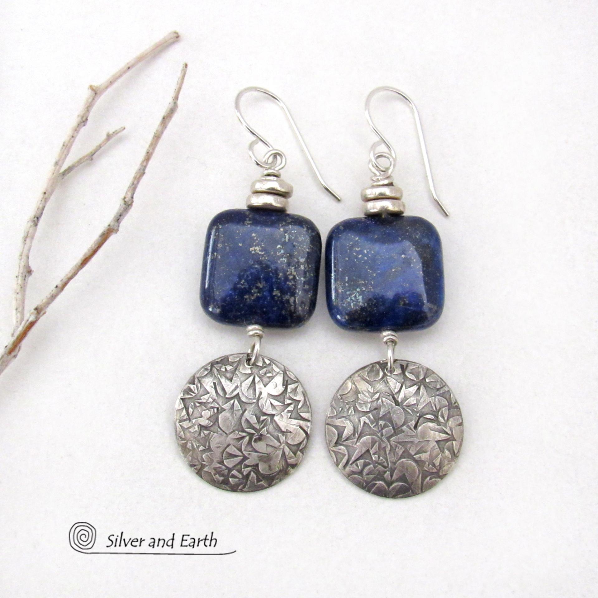 Sterling Silver and Blue Lapis Gemstone Earrings - Genuine Lapis Lazuli Sterling Silver Jewelry