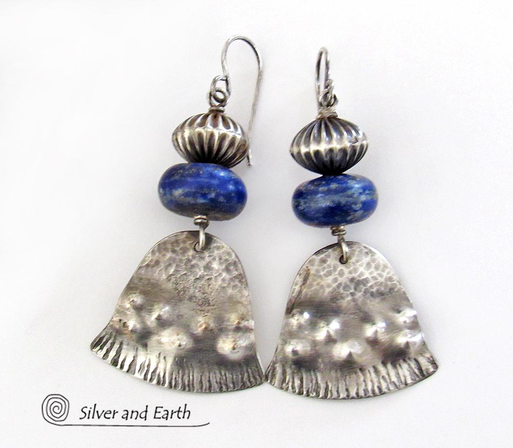 Sterling Silver Earrings with Natural Blue Lapis Gemstones - Modern Tribal Southwest Style Jewelry