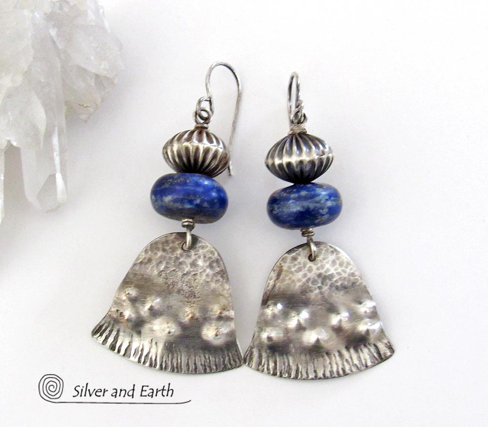 Sterling Silver Earrings with Natural Blue Lapis Gemstones - Modern Tribal Southwest Style Jewelry