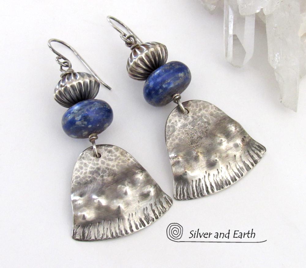 Sterling Silver Earrings with Natural Blue Lapis Gemstones - Modern Tribal Southwest Style Jewelry