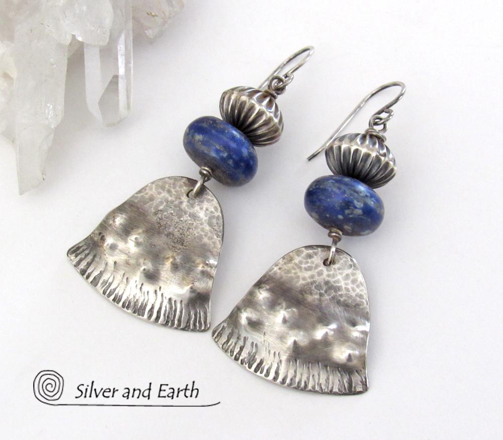 Sterling Silver Earrings with Natural Blue Lapis Gemstones - Modern Tribal Southwest Style Jewelry