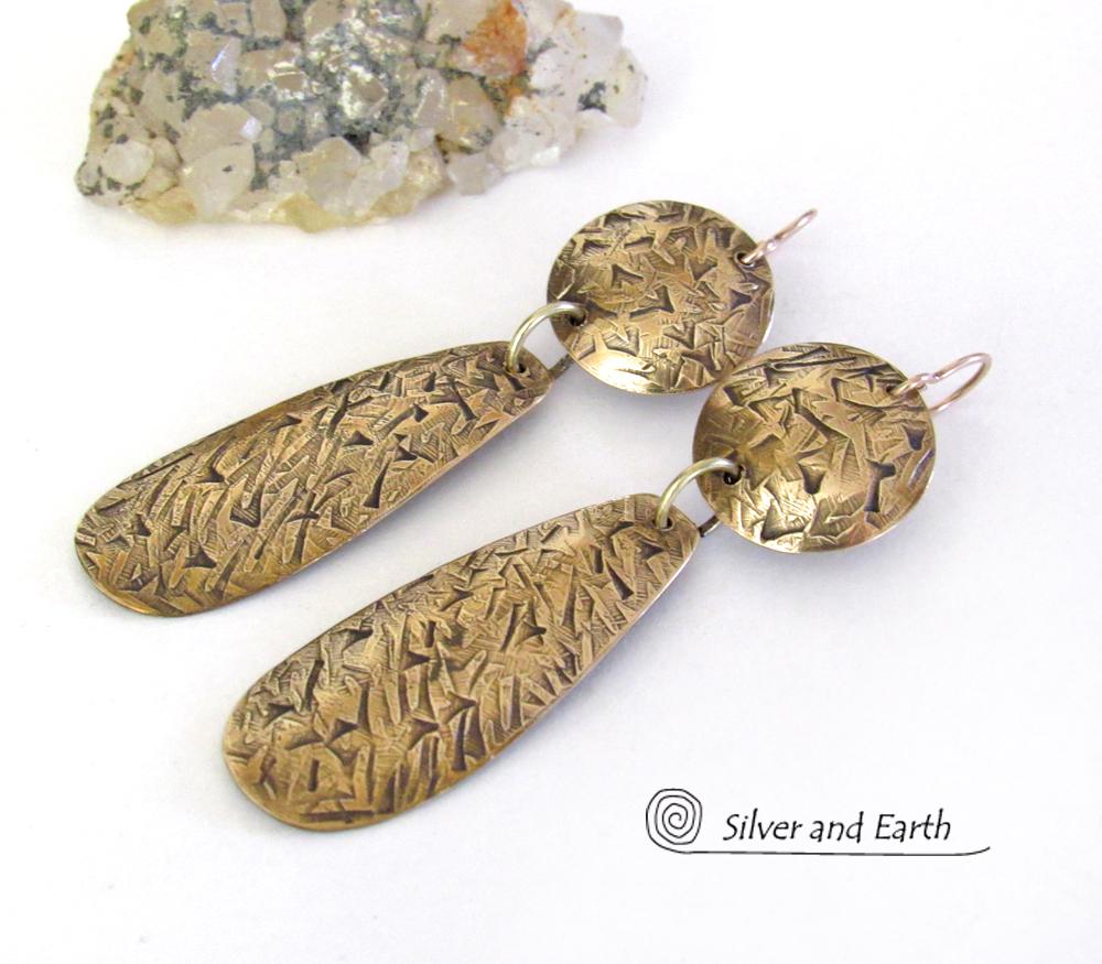 Long Textured Gold Brass Dangle Earrings - Contemporary Modern Metal Jewelry
