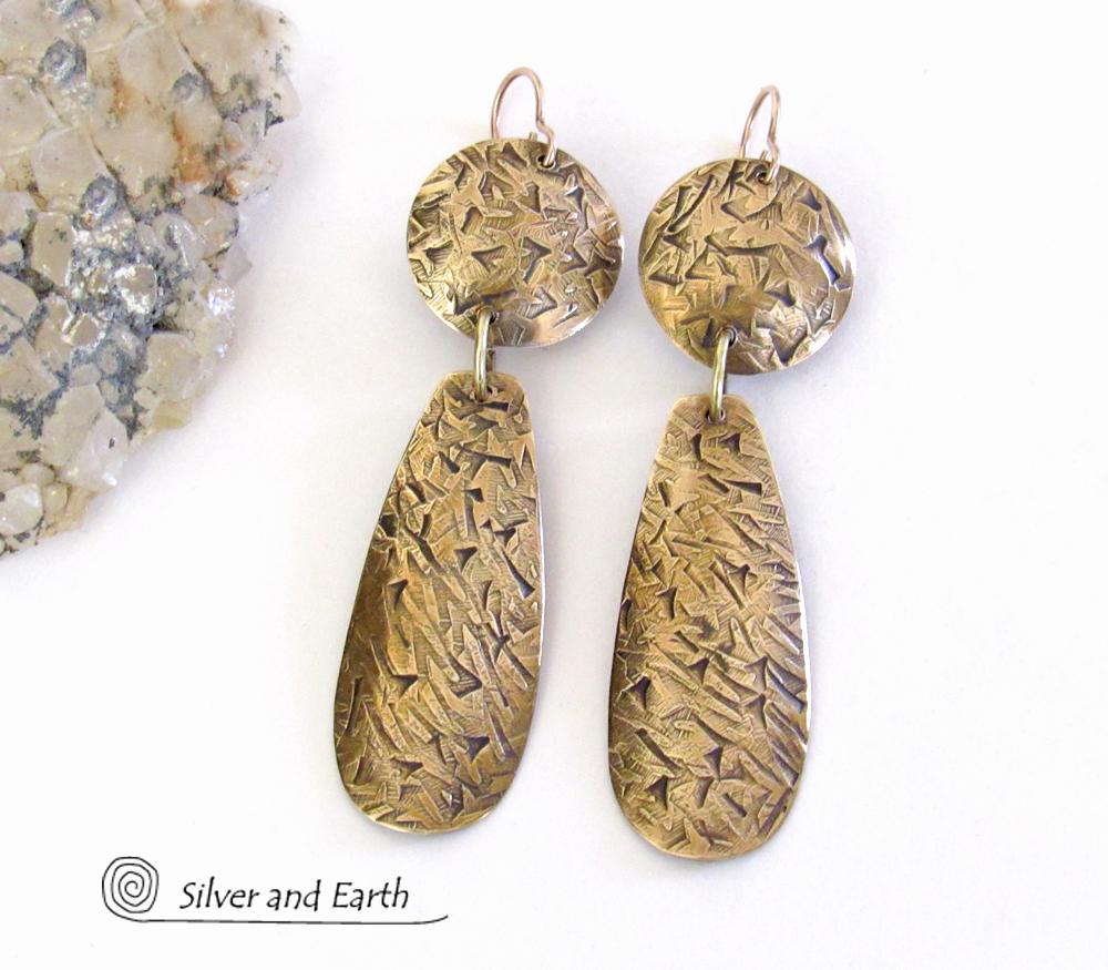 Long Textured Gold Brass Dangle Earrings - Contemporary Modern Metal Jewelry