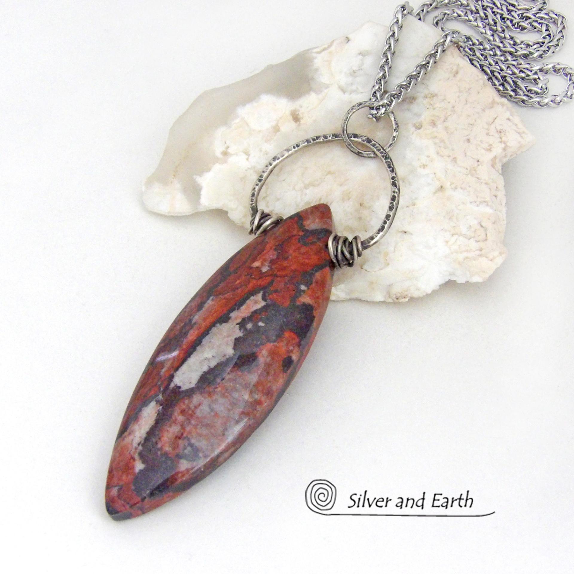 Large Brecciated Red Jasper Stone Necklace with Sterling Silver 