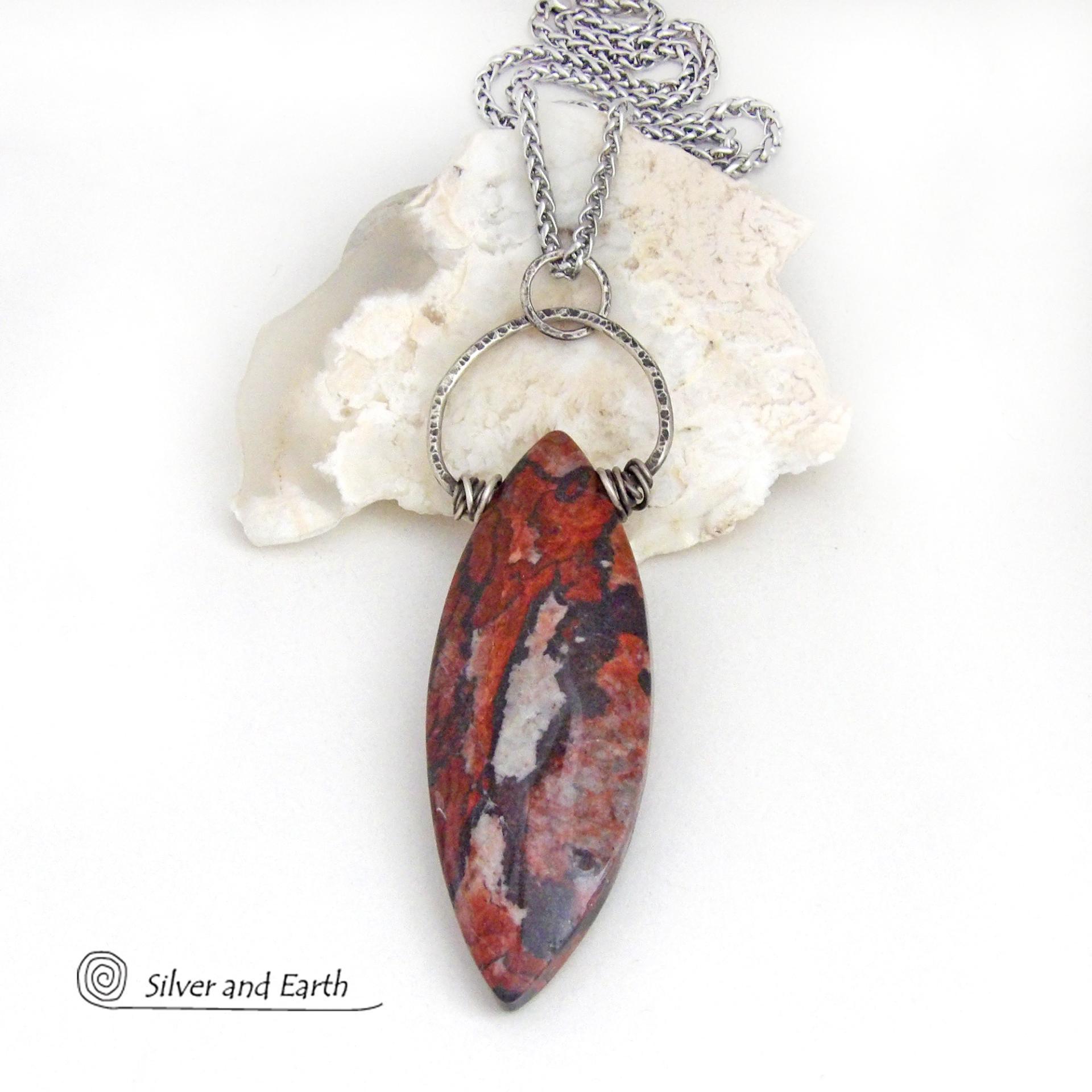 Large Brecciated Red Jasper Stone Necklace with Sterling Silver 