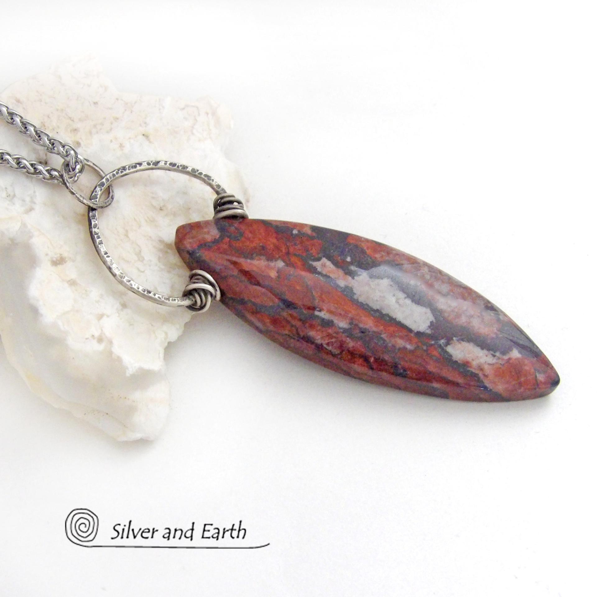 Large Brecciated Red Jasper Stone Necklace with Sterling Silver 