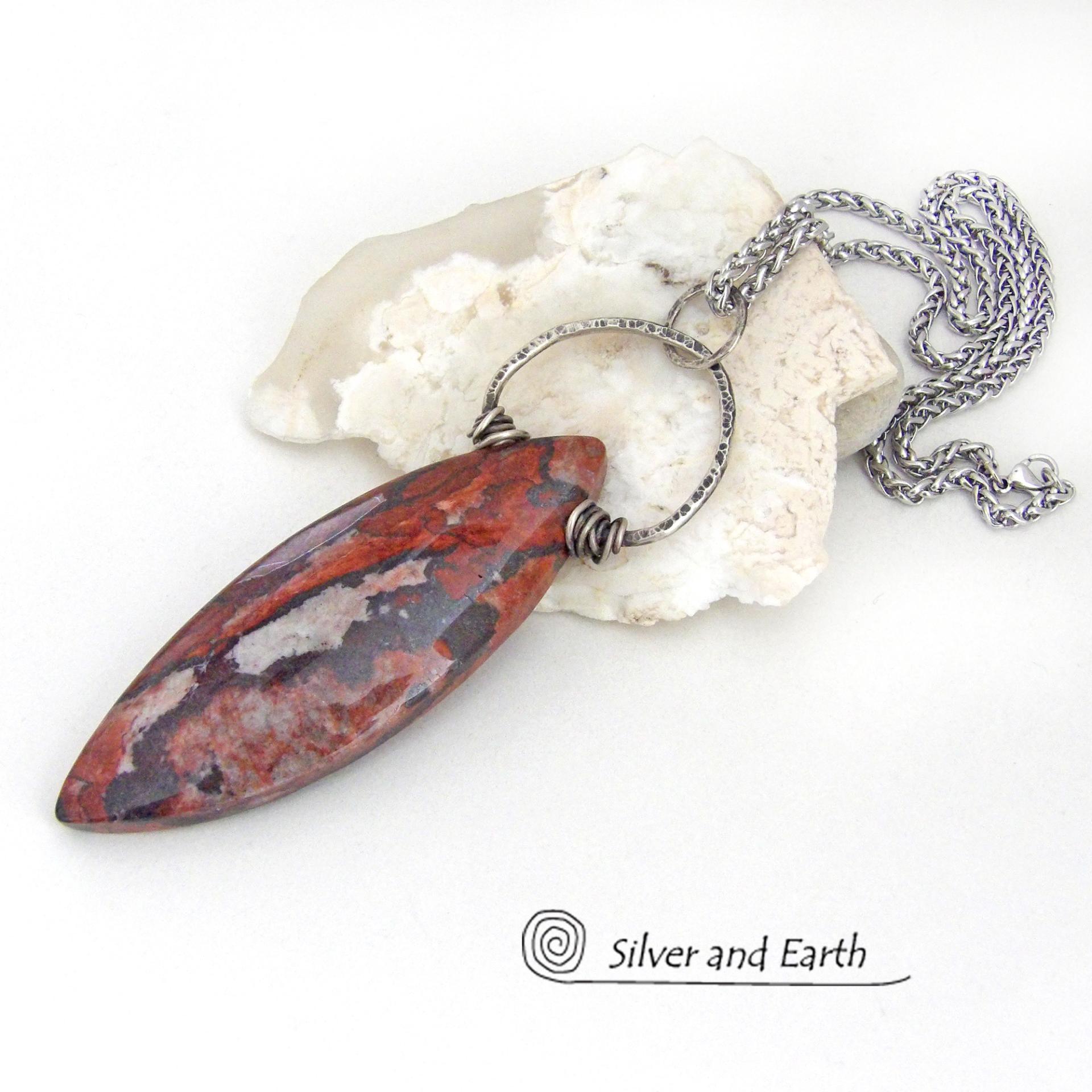 Large Brecciated Red Jasper Stone Necklace with Sterling Silver 