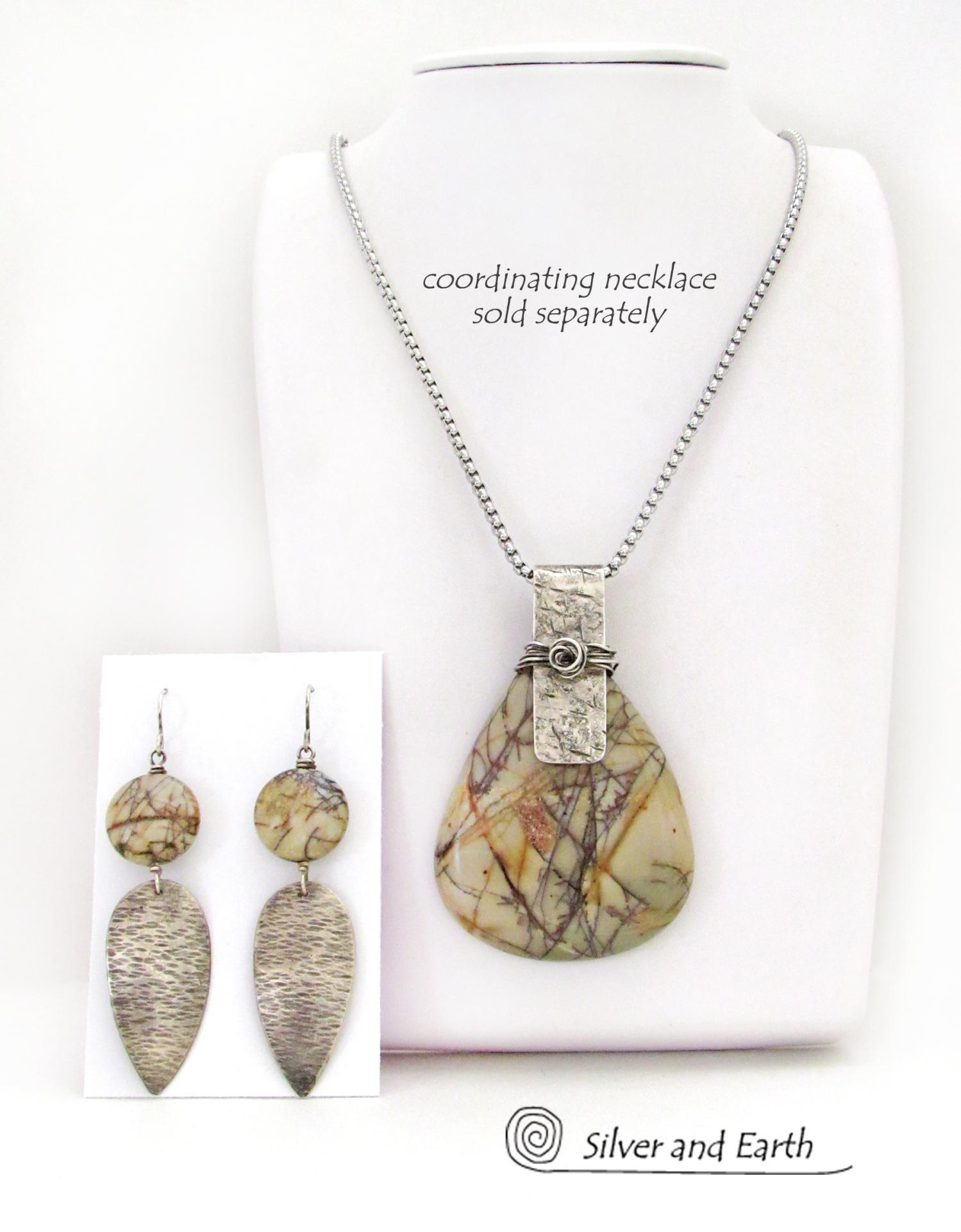 Long Textured Sterling Silver Dangle Earrings with Natural Picasso Jasper Stones with Matching Necklace