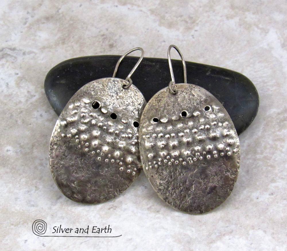 Large Sterling Silver Earrings with Rustic Hammered Texture - Modern Edgy Organic Earthy Silver Jewelry