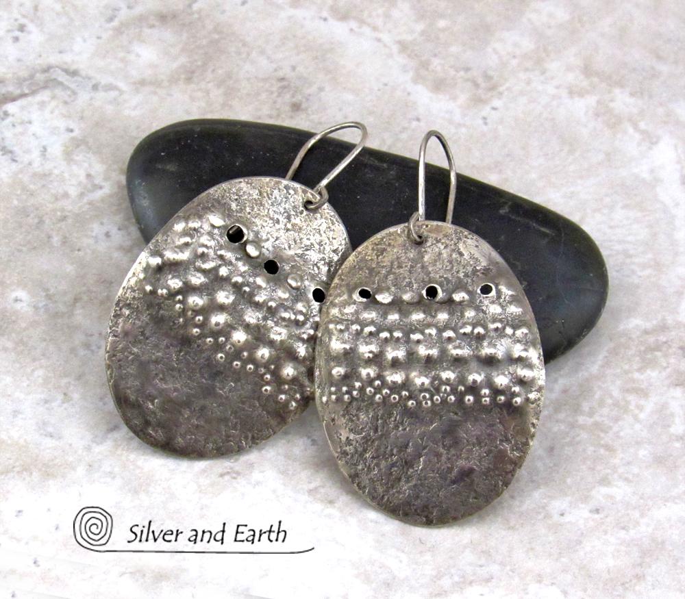 Large Sterling Silver Earrings with Rustic Hammered Texture - Modern Edgy Organic Earthy Silver Jewelry