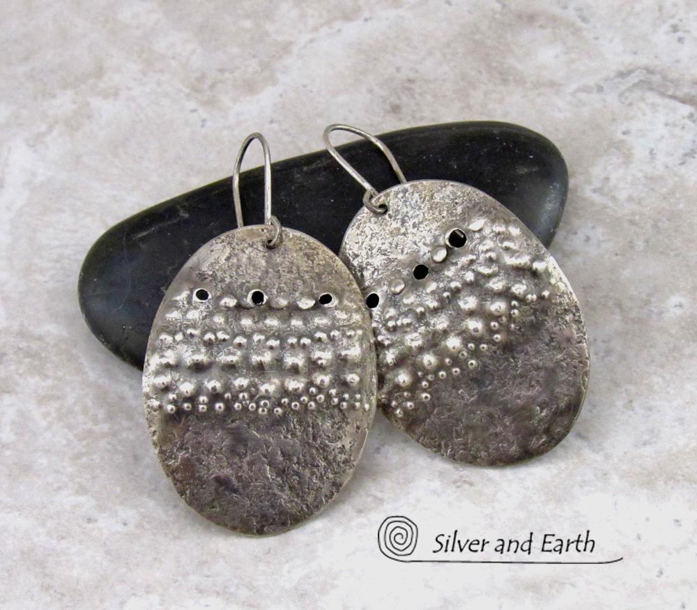 Large Sterling Silver Earrings with Rustic Hammered Texture - Modern Edgy Organic Earthy Silver Jewelry