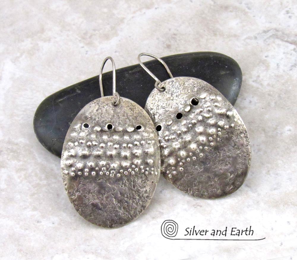 Large Sterling Silver Earrings with Unique Texture - Organic Earthy Silver Jewelry