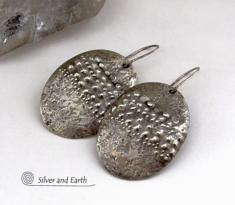 Large Sterling Silver Earrings with Rustic Hammered Texture - Modern Edgy Organic Earthy Silver Jewelry