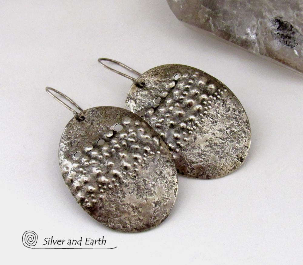 Large Sterling Silver Earrings with Rustic Hammered Texture - Modern Edgy Organic Earthy Silver Jewelry