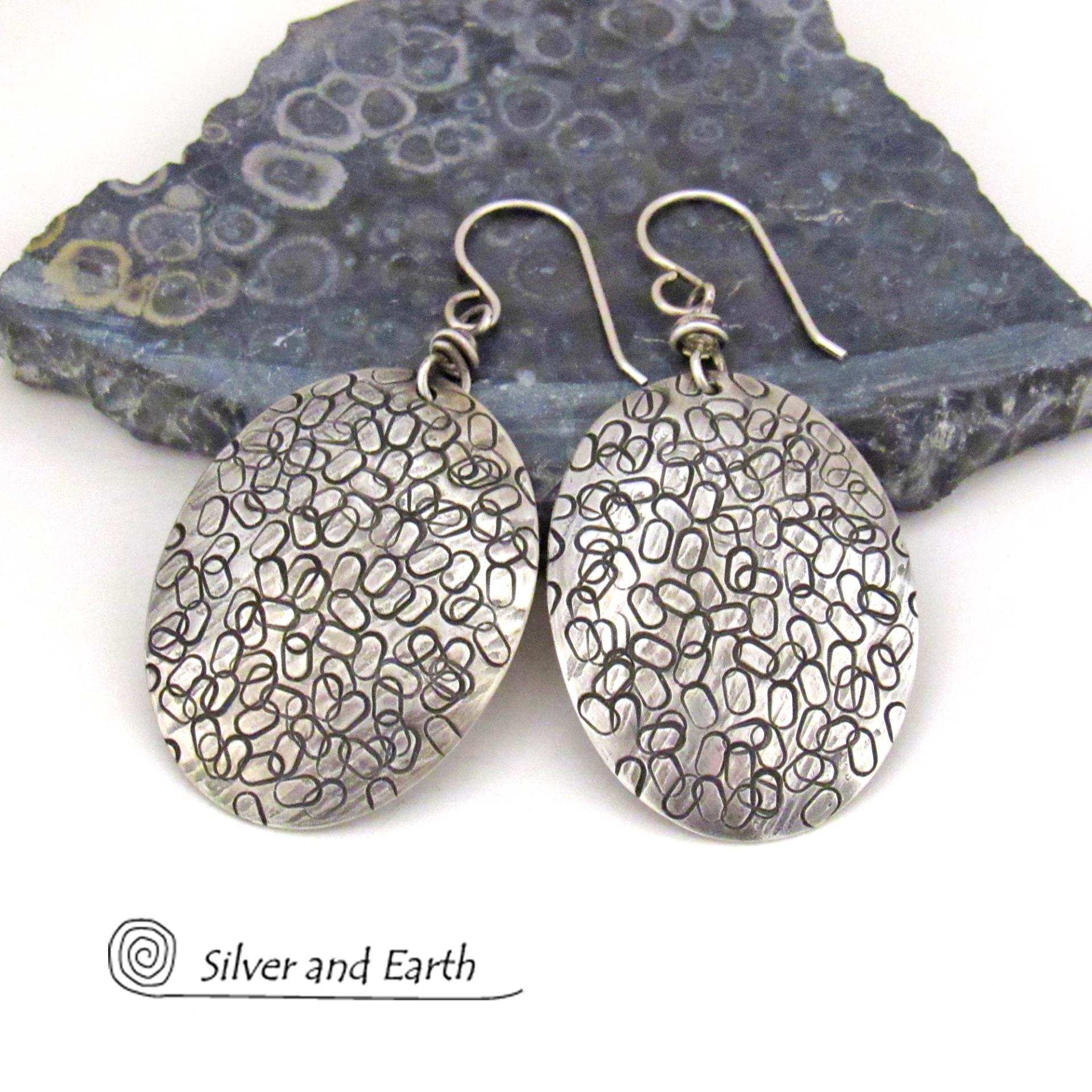 Large Oval Sterling Silver Earrings with Hand Stamped Texture - Modern Contemporary Jewelry