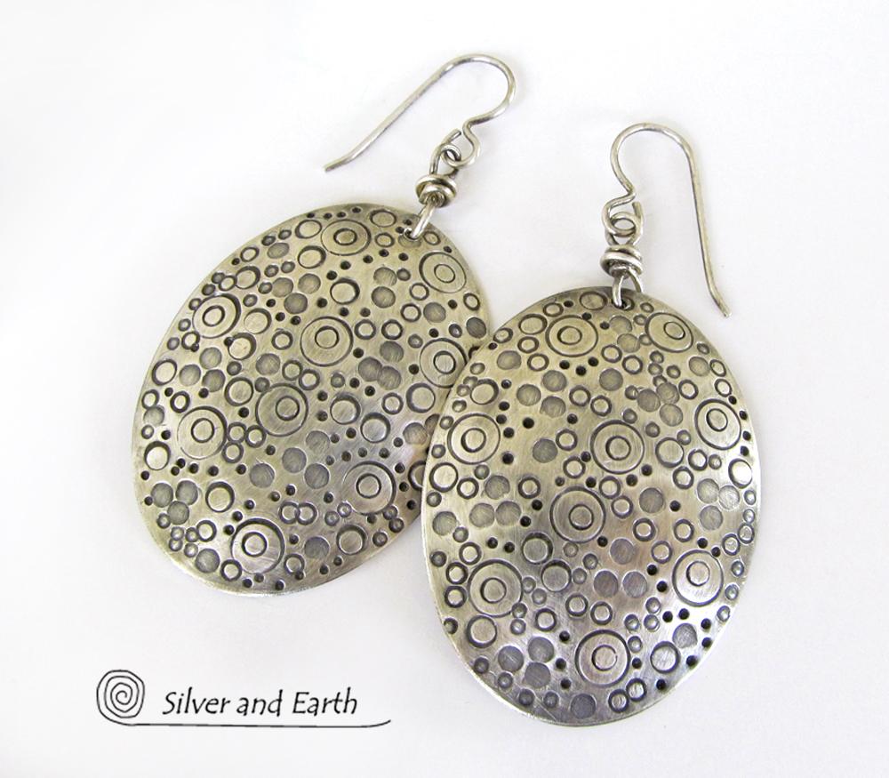 Big Oval Sterling Silver Earrings with Unique Texture - Handcrafted Modern Silver Jewelry