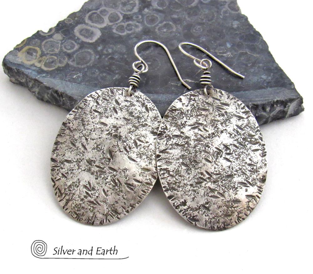 Large Sterling Silver Oval Dangle Earrings with Hammered Rustic Earthy Organic Texture