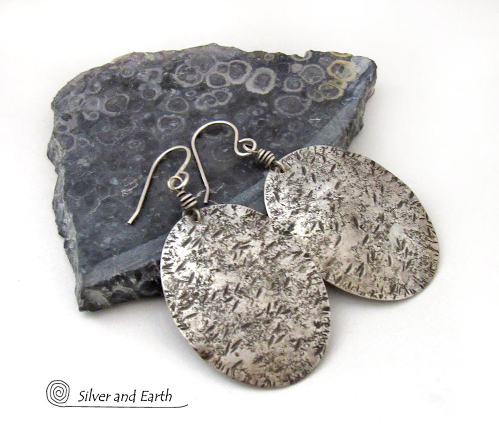 Large Sterling Silver Oval Dangle Earrings with Hammered Rustic Earthy Organic Texture