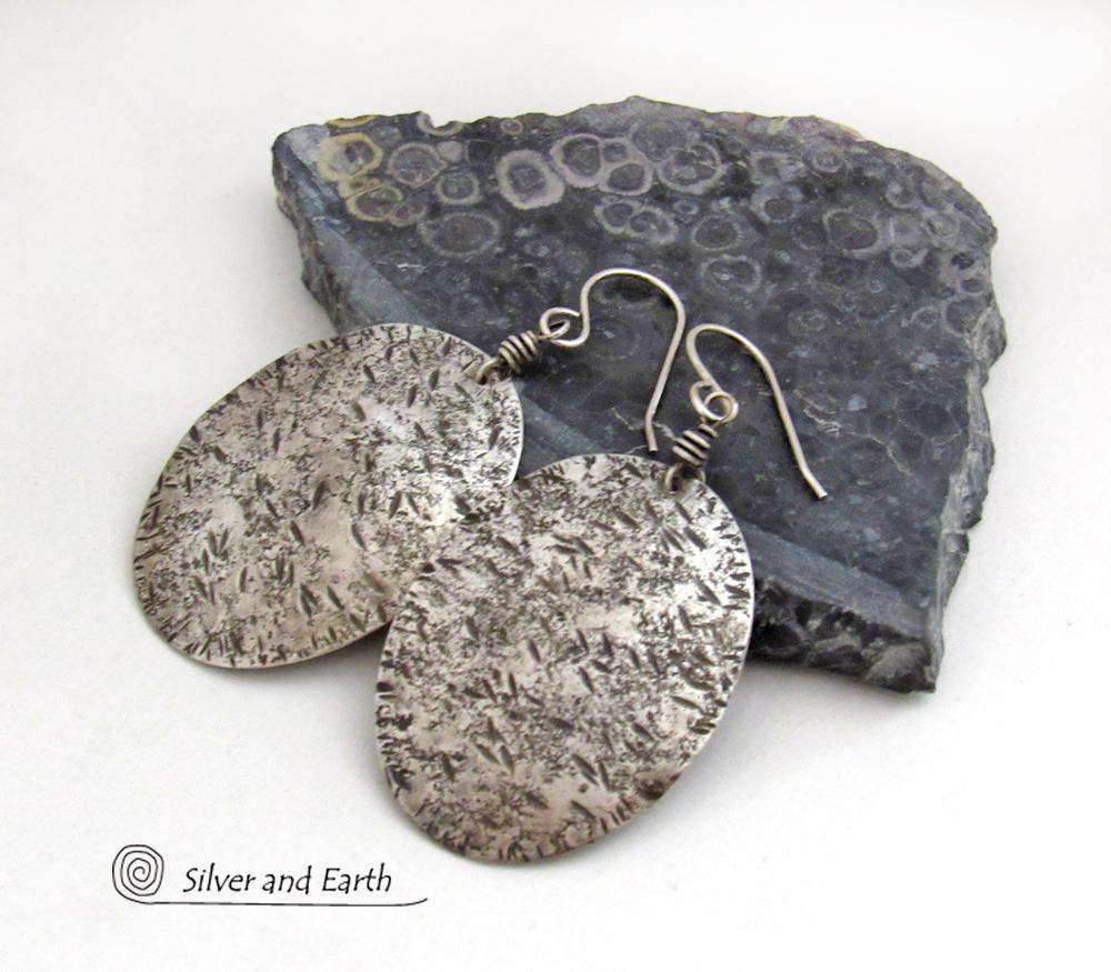 Large Sterling Silver Oval Dangle Earrings with Hammered Rustic Earthy Organic Texture