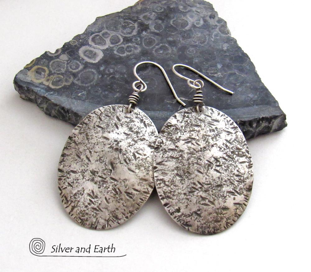 Large Sterling Silver Oval Dangle Earrings with Hammered Rustic Earthy Organic Texture